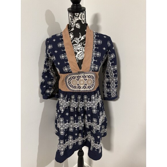 ODD MOLLY Blue 4 Continents 3/4 Sleeve Embroidered Scandinavian Dress Tunic SM - Picture 1 of 9